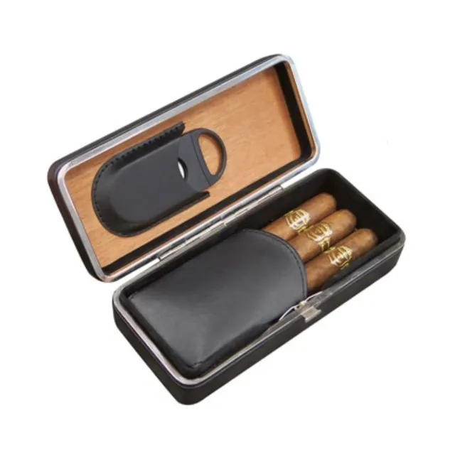 zigarrenetui-leder-schwarz-3er-mit-cutter-zigarrenschneider image 1